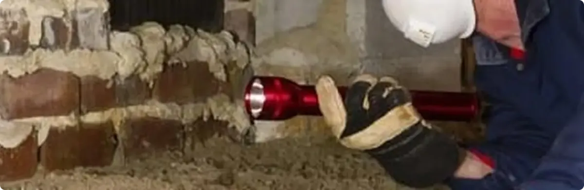 Pest control technician inspecting a crawl space for ant activity in Camden Wyoming, DE