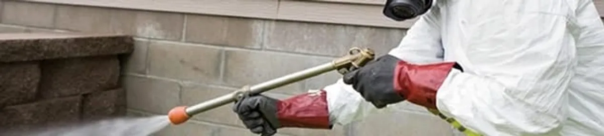 Pest control technician applying exterior insect treatment along a home foundation in Dover, DE