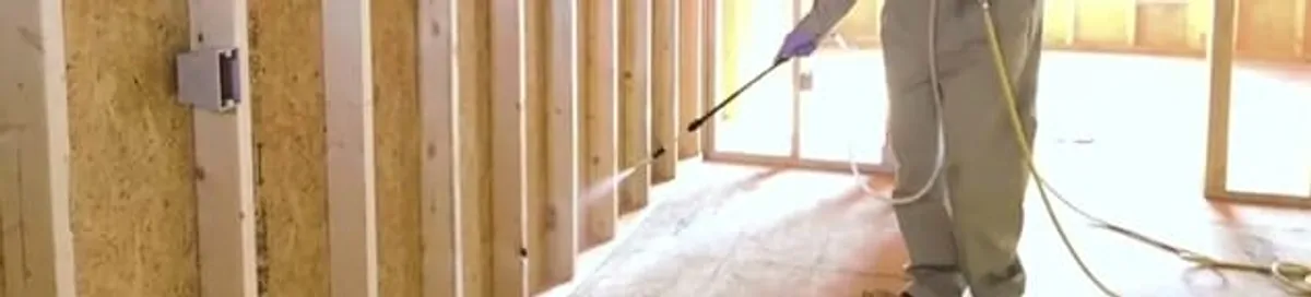 Termite treatment technician applying spray along framing and unfinished walls in Dover, DE